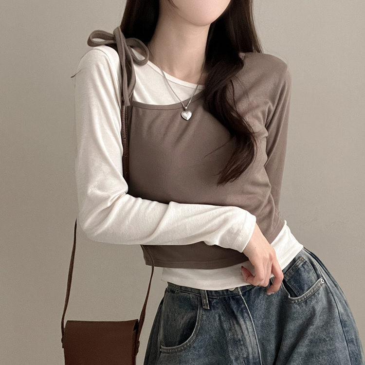 리스 배색 레이어드 리본 긴팔 티셔츠 세트 카키