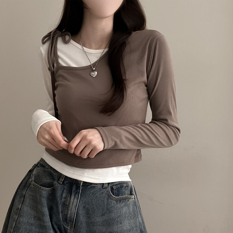 리스 배색 레이어드 리본 긴팔 티셔츠 세트 카키