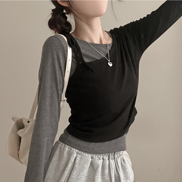 리스 배색 레이어드 리본 긴팔 티셔츠 세트 블랙