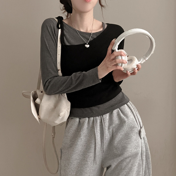 리스 배색 레이어드 리본 긴팔 티셔츠 세트 블랙