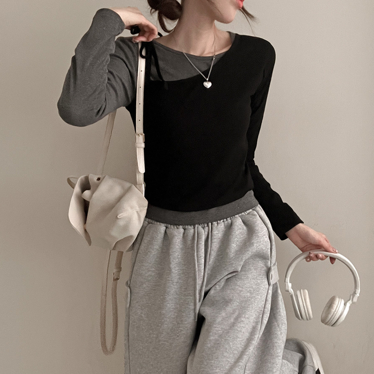 리스 배색 레이어드 리본 긴팔 티셔츠 세트 블랙