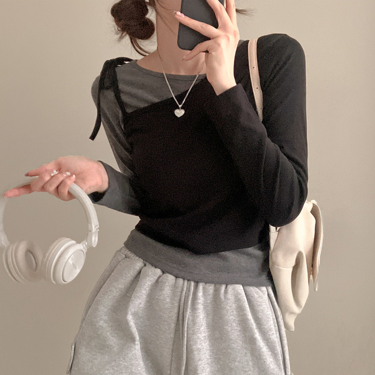 리스 배색 레이어드 리본 긴팔 티셔츠 세트 블랙