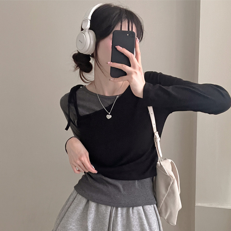 리스 배색 레이어드 리본 긴팔 티셔츠 세트 블랙