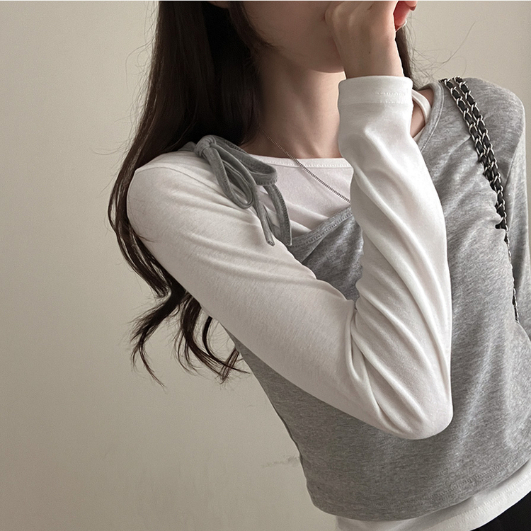 리스 배색 레이어드 리본 긴팔 티셔츠 세트 그레이