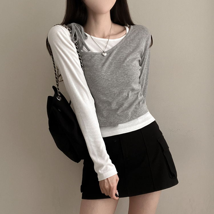 리스 배색 레이어드 리본 긴팔 티셔츠 세트 그레이