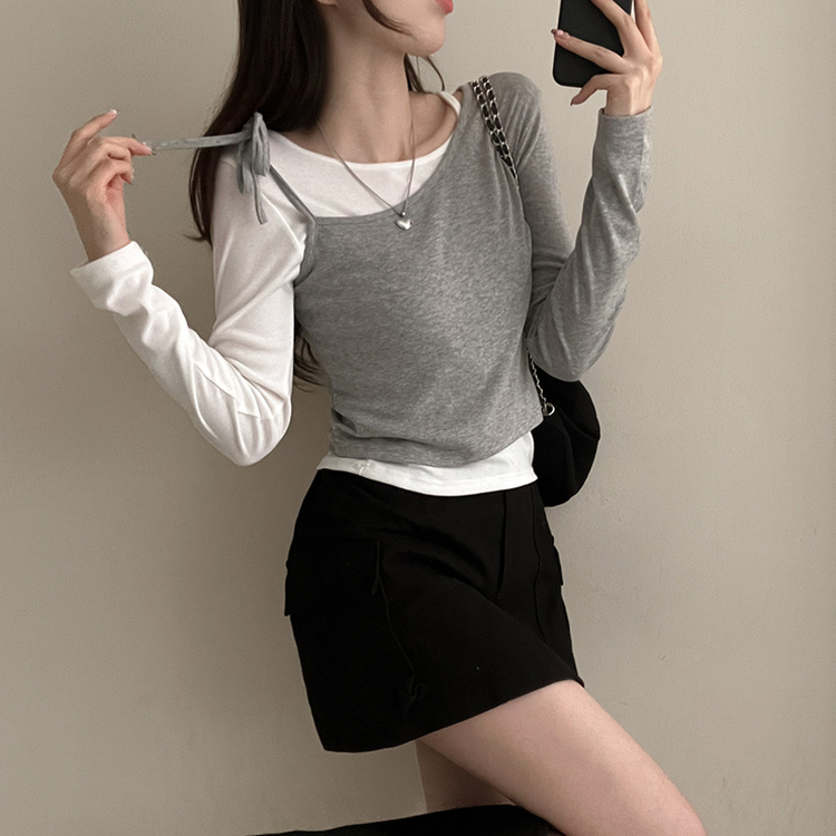 리스 배색 레이어드 리본 긴팔 티셔츠 세트 그레이