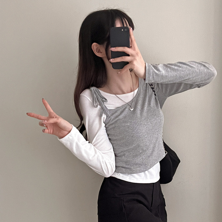 리스 배색 레이어드 리본 긴팔 티셔츠 세트 그레이