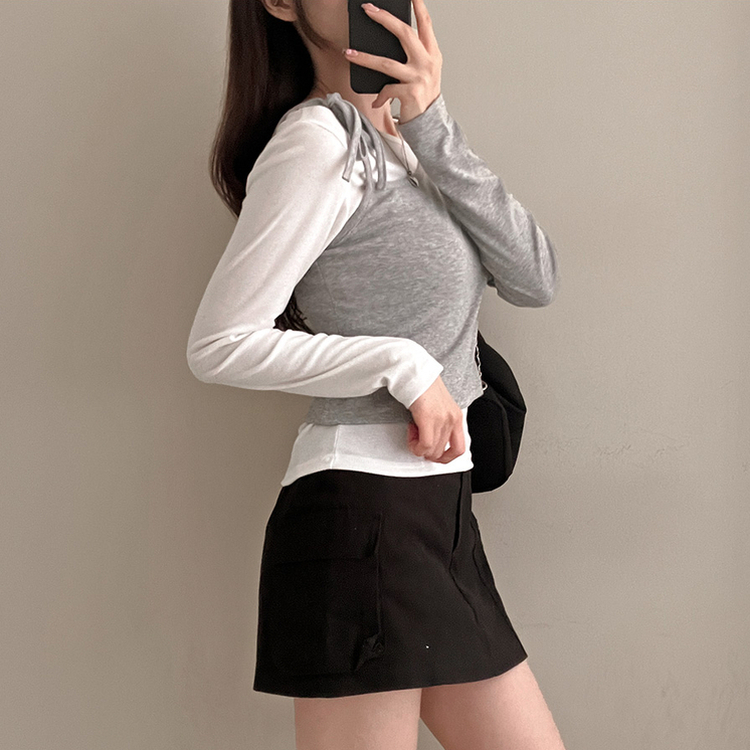 리스 배색 레이어드 리본 긴팔 티셔츠 세트 그레이