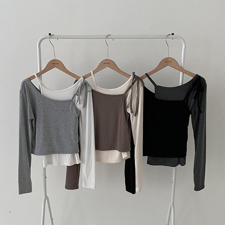 리스 배색 레이어드 리본 긴팔 티셔츠 세트