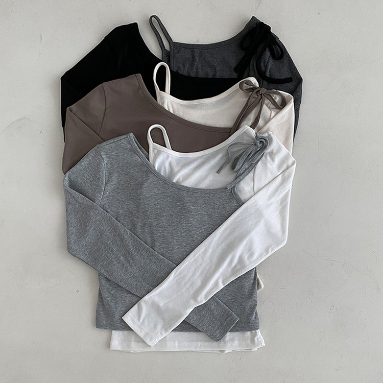 리스 배색 레이어드 리본 긴팔 티셔츠 세트