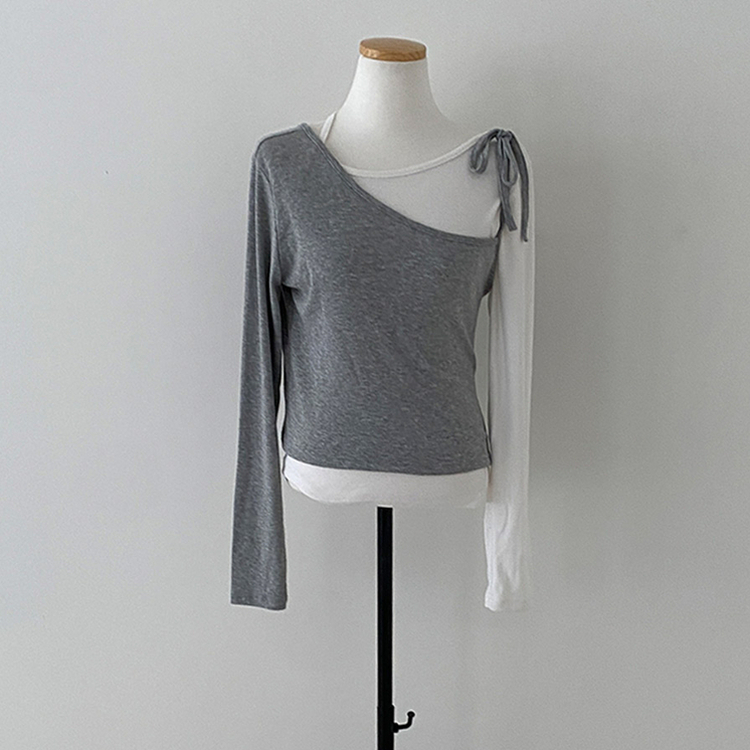 리스 배색 레이어드 리본 긴팔 티셔츠 세트