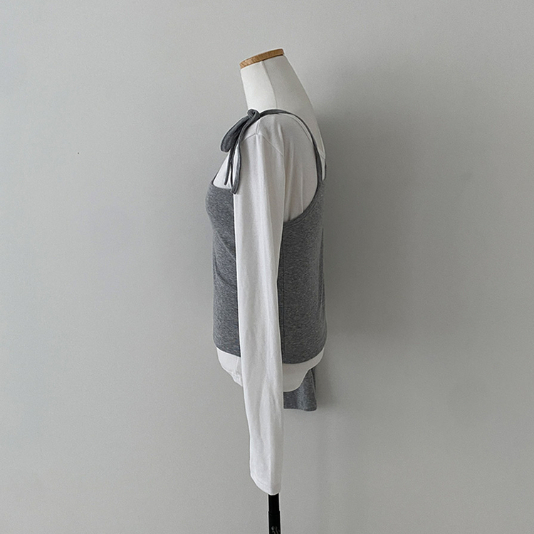 리스 배색 레이어드 리본 긴팔 티셔츠 세트