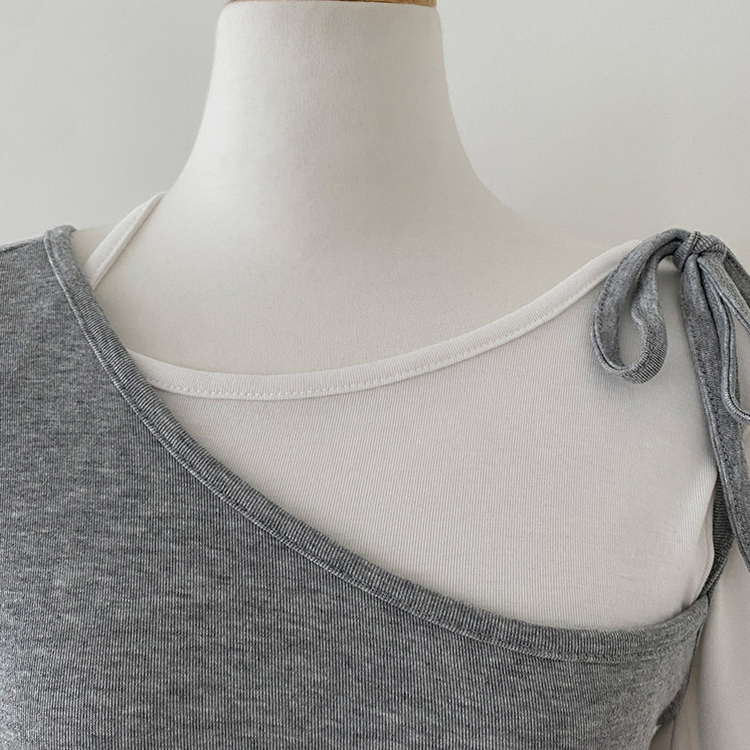 리스 배색 레이어드 리본 긴팔 티셔츠 세트