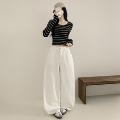 【丈別】ハイウエストワイドコットンパンツ WHITE