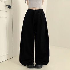 【丈別】ハイウエストワイドコットンパンツ BLACK