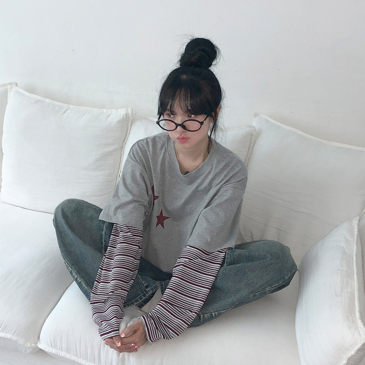 ストライプレイヤード長袖Tシャツ GREY