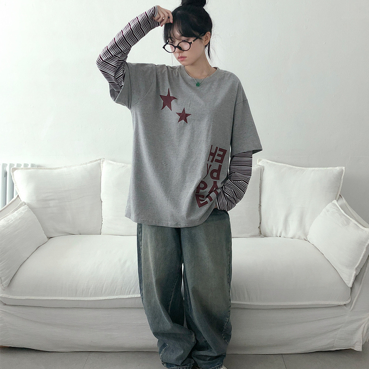 ストライプレイヤード長袖Tシャツ GREY