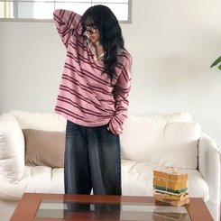 バイカラーストライプ長袖Tシャツ PINK