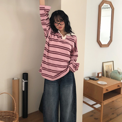 バイカラーストライプ長袖Tシャツ PINK