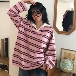 バイカラーストライプ長袖Tシャツ PINK