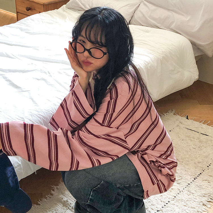 バイカラーストライプ長袖Tシャツ PINK