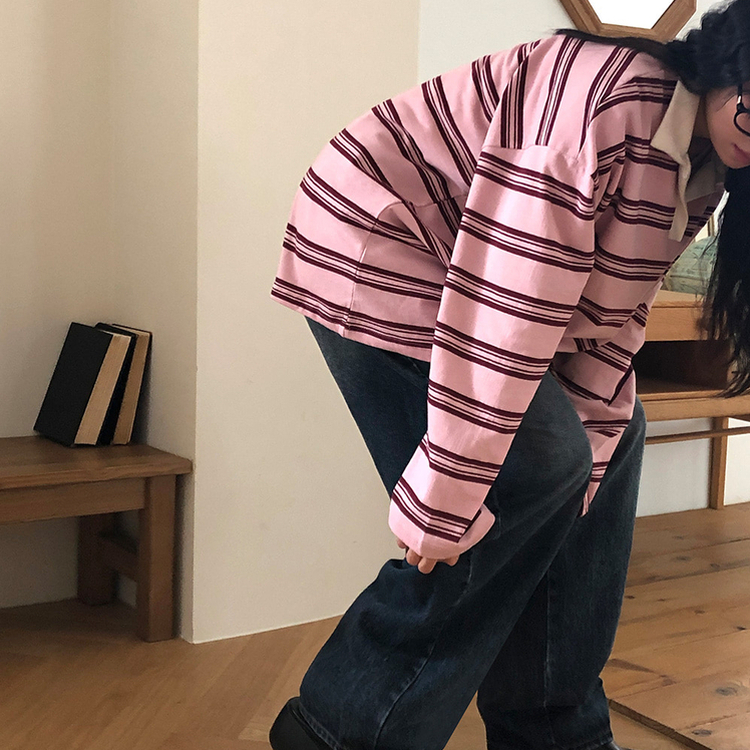 バイカラーストライプ長袖Tシャツ PINK
