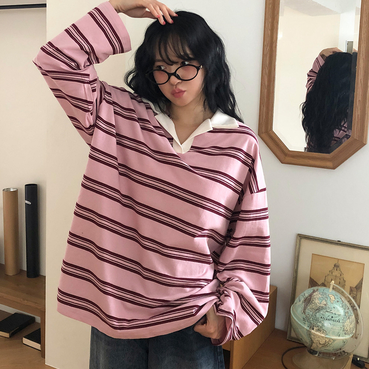 バイカラーストライプ長袖Tシャツ PINK