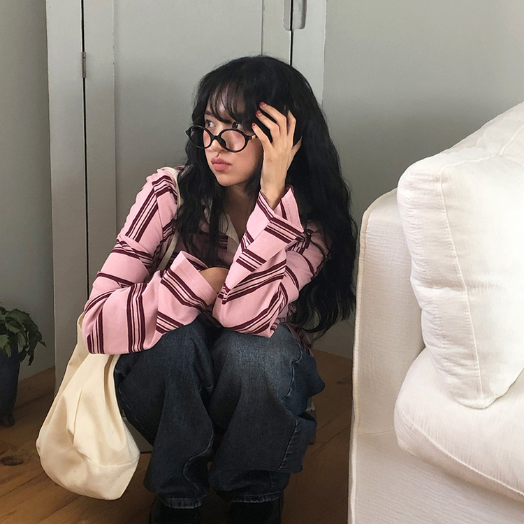 バイカラーストライプ長袖Tシャツ PINK