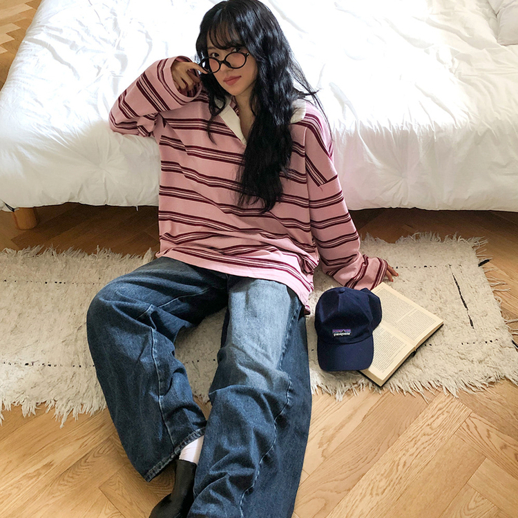 バイカラーストライプ長袖Tシャツ PINK