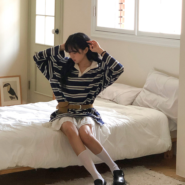 バイカラーストライプ長袖Tシャツ NAVY