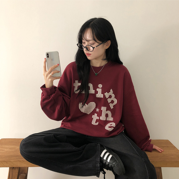 트디 오버핏 프린팅 맨투맨 버건디