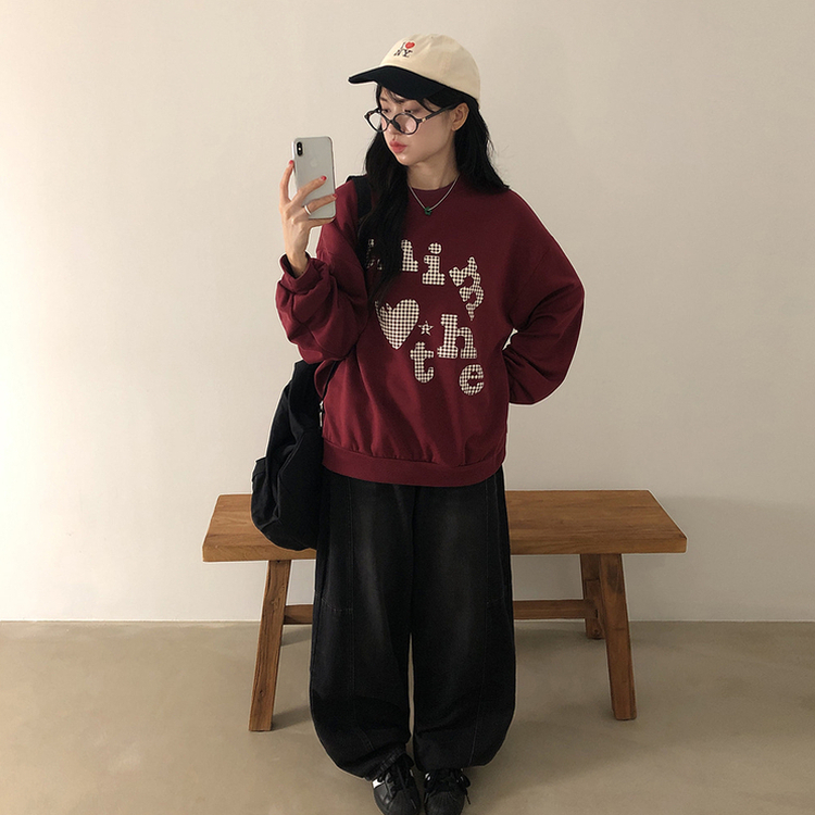 트디 오버핏 프린팅 맨투맨 버건디