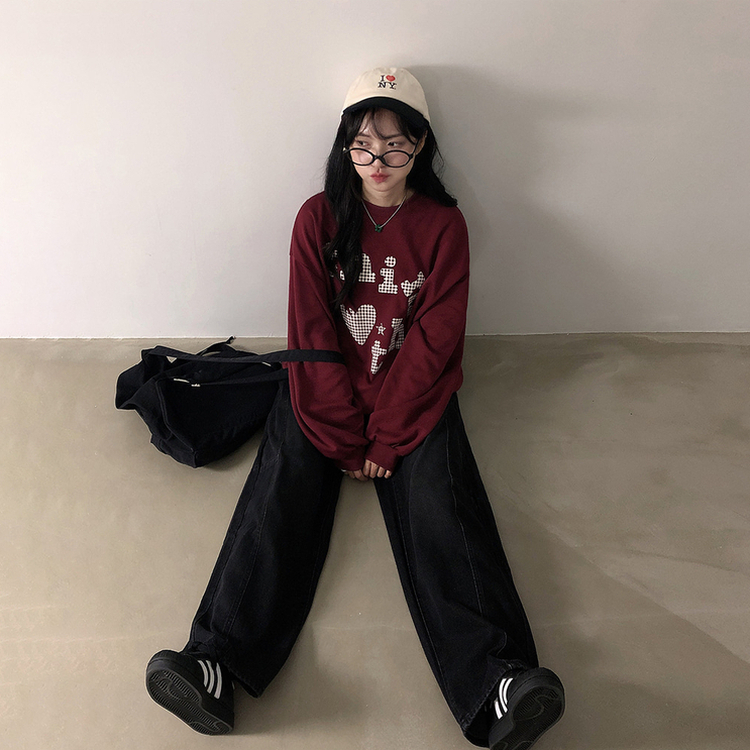 트디 오버핏 프린팅 맨투맨 버건디