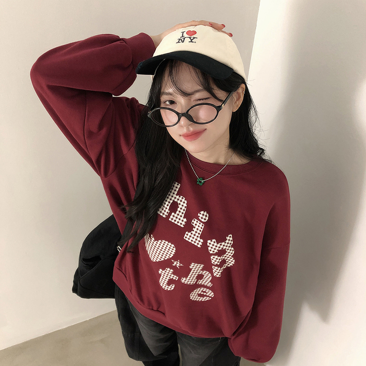 트디 오버핏 프린팅 맨투맨 버건디