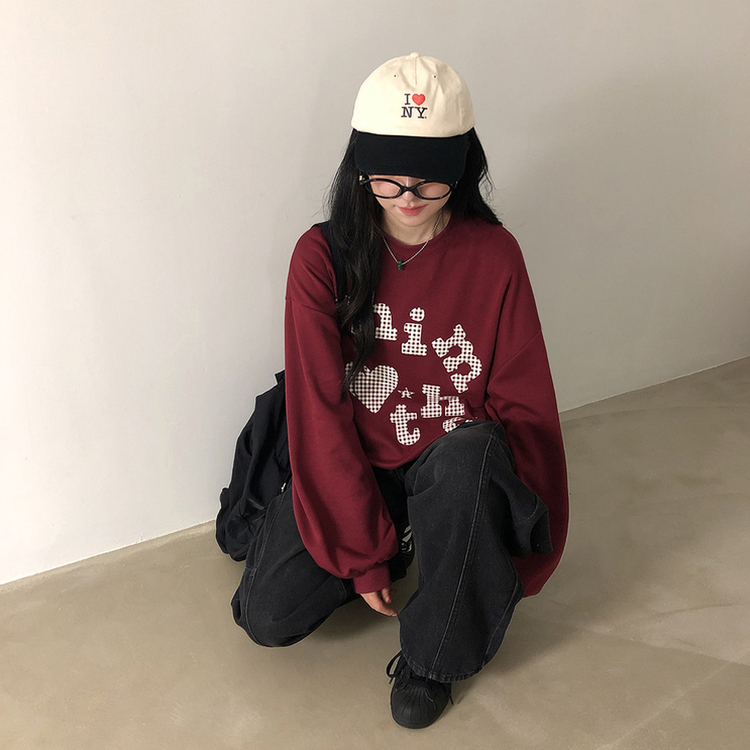 트디 오버핏 프린팅 맨투맨 버건디