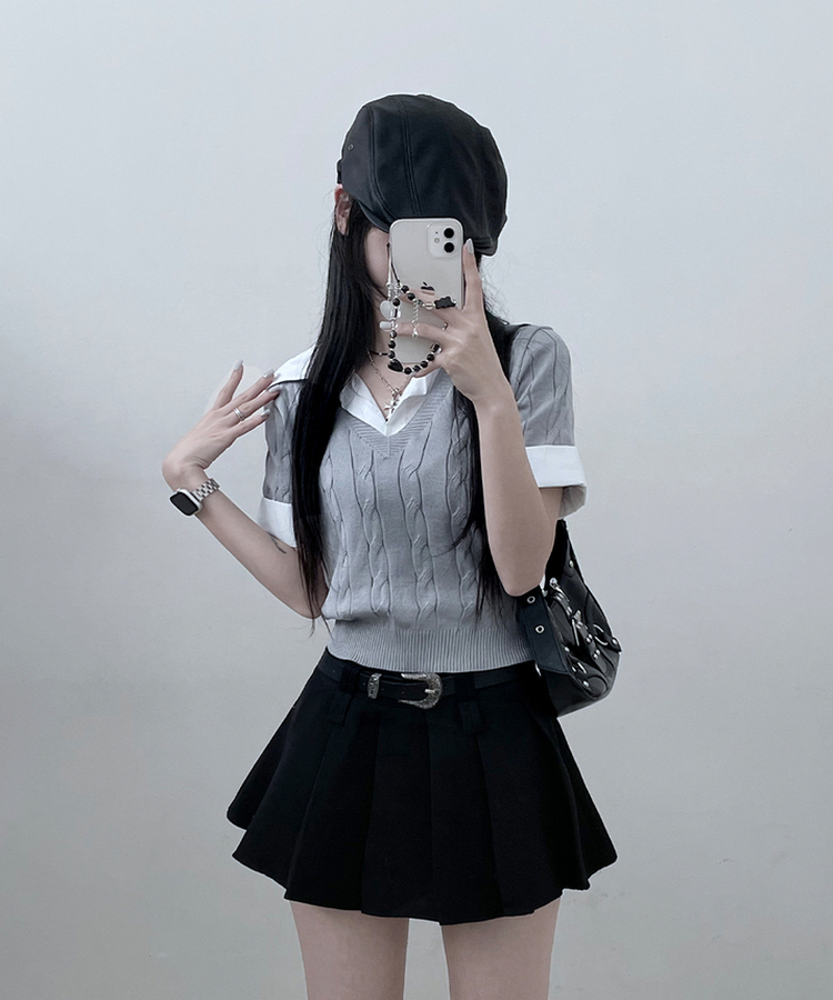 반팔ver셔츠꽈배기니트레이어드반팔 그레이