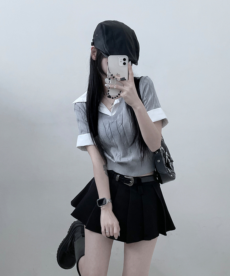 반팔ver셔츠꽈배기니트레이어드반팔 그레이