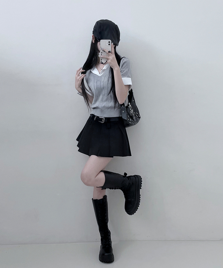 반팔ver셔츠꽈배기니트레이어드반팔 그레이