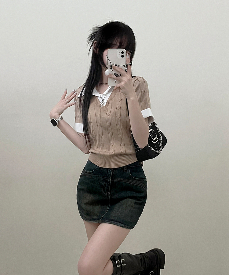 반팔ver셔츠꽈배기니트레이어드반팔 베이지
