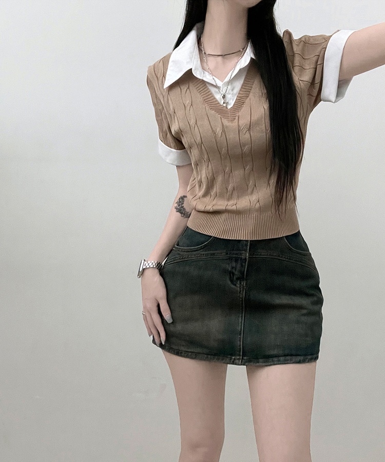 반팔ver셔츠꽈배기니트레이어드반팔 베이지