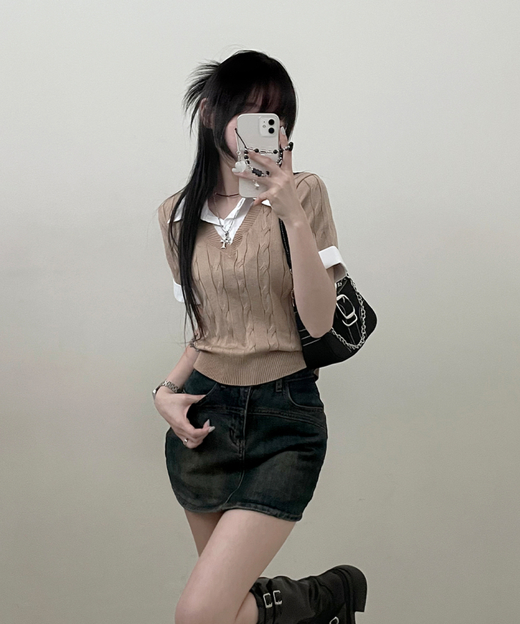 반팔ver셔츠꽈배기니트레이어드반팔 베이지