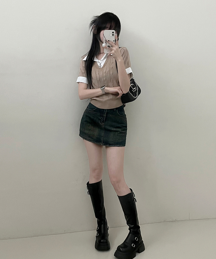 반팔ver셔츠꽈배기니트레이어드반팔 베이지