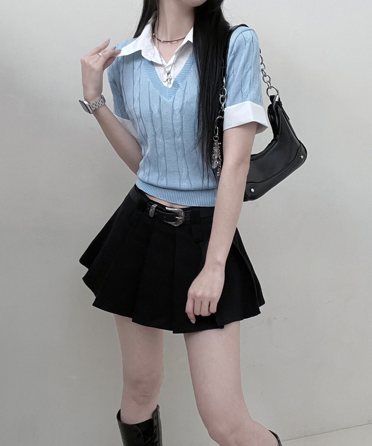 반팔ver셔츠꽈배기니트레이어드반팔 소라