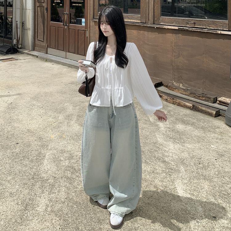 러블리 리본 스트랩 핀턱 프릴 긴팔 루즈핏 줄지 블라우스 화이트