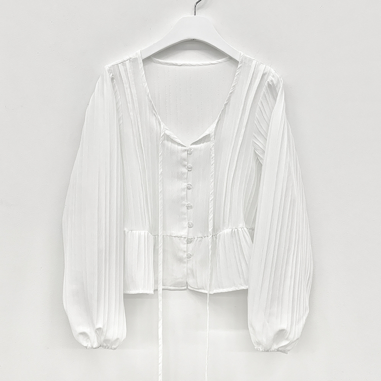 러블리 리본 스트랩 핀턱 프릴 긴팔 루즈핏 줄지 블라우스