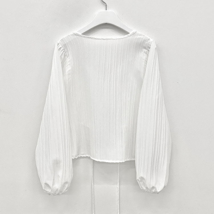 러블리 리본 스트랩 핀턱 프릴 긴팔 루즈핏 줄지 블라우스