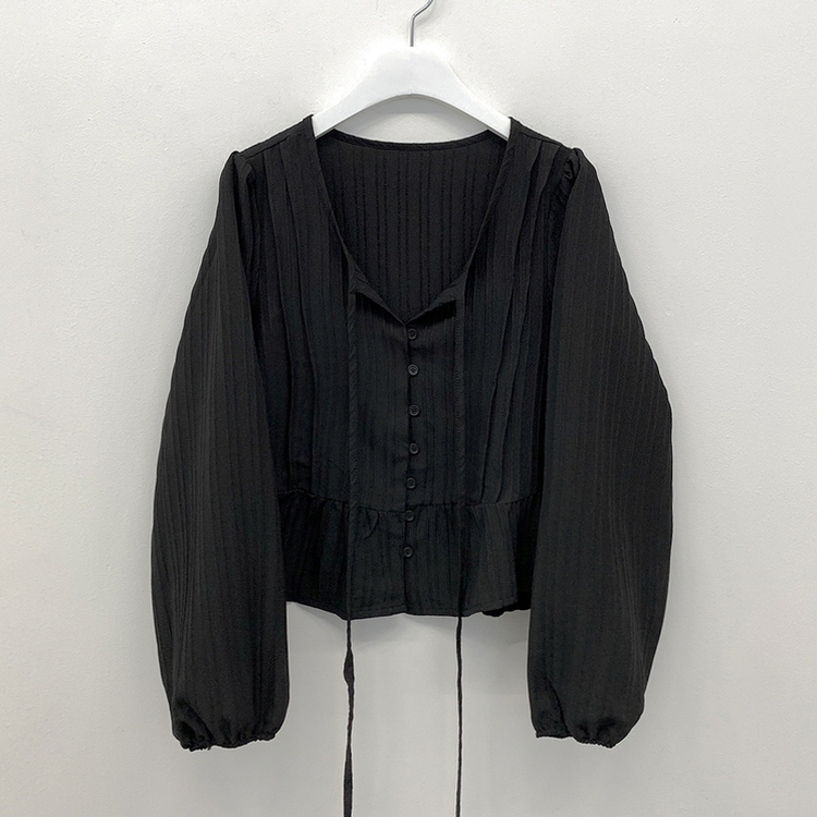 러블리 리본 스트랩 핀턱 프릴 긴팔 루즈핏 줄지 블라우스