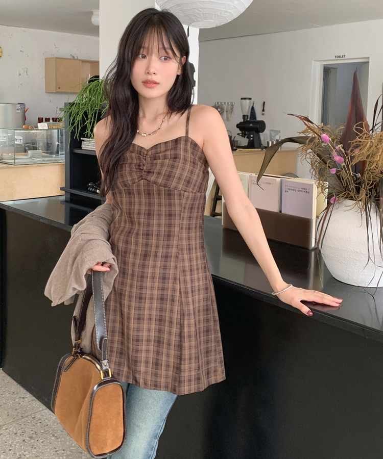 チェックビスチェミニワンピース｜ミニワンピース｜韓国ファッション
