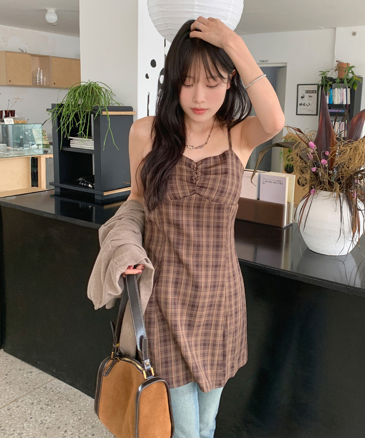 チェックビスチェミニワンピース｜ミニワンピース｜韓国ファッション