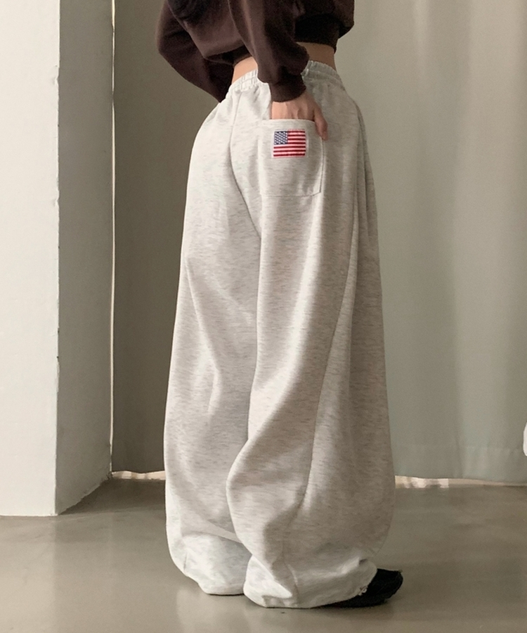 아메리카 사이드 핀턱 스트링 롱와이드 추리닝 밴딩팬츠 백메란지